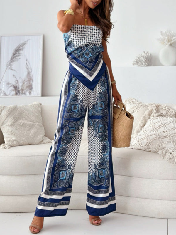 Ensemble deux pièces imprimé à la mode, haut à bretelles, pantalon décontracté, bas