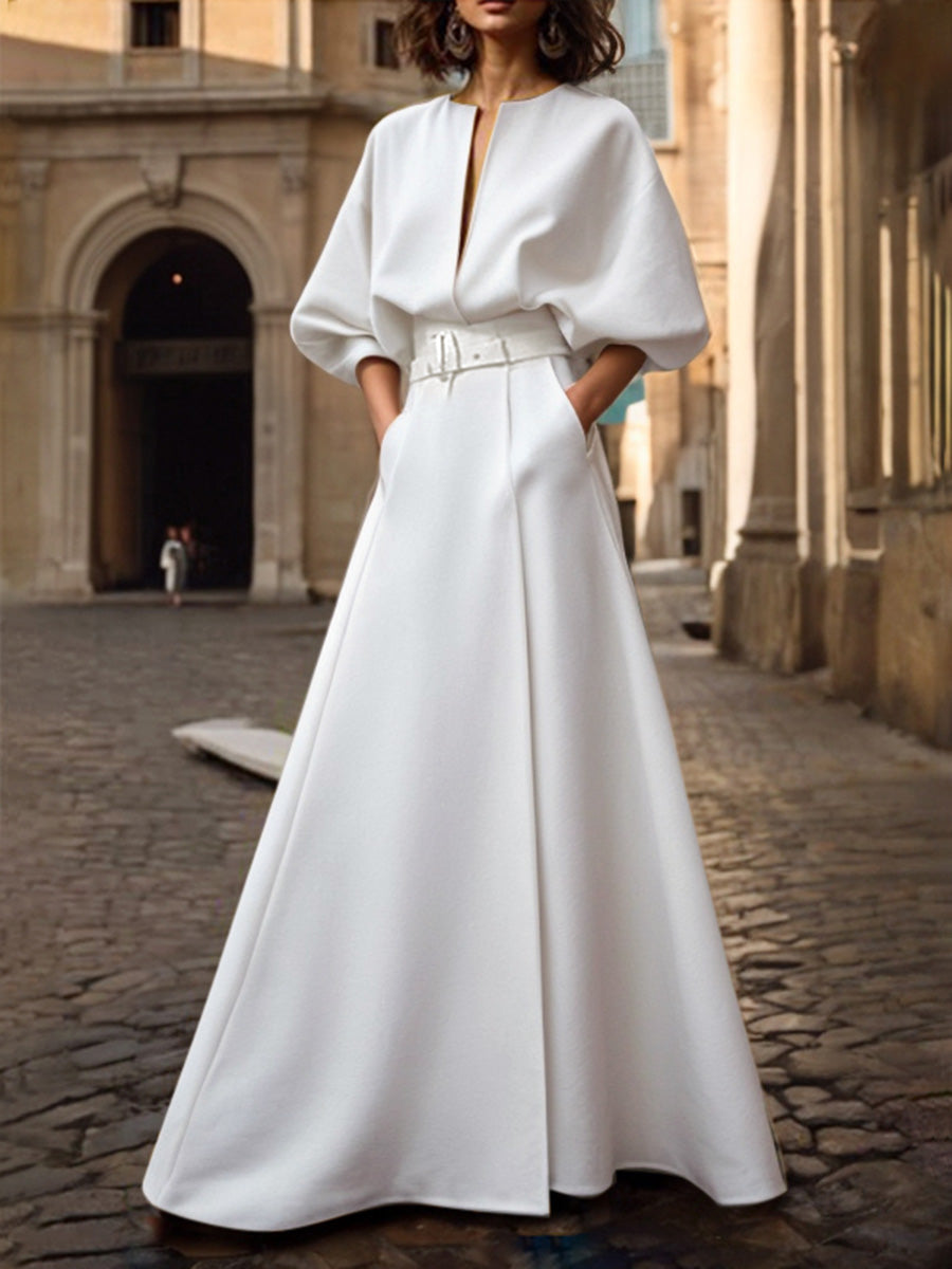 Robe longue ample à manches mi-longues, avec ceinture, à décolleté en V profond, couleur unie