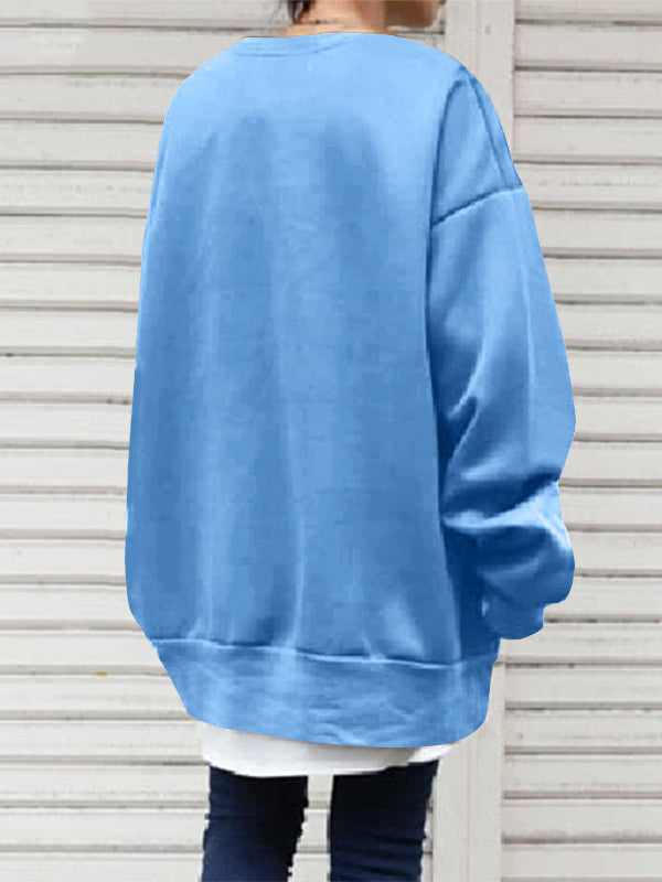 Sweat-shirt décontracté ample à col rond, couleur unie