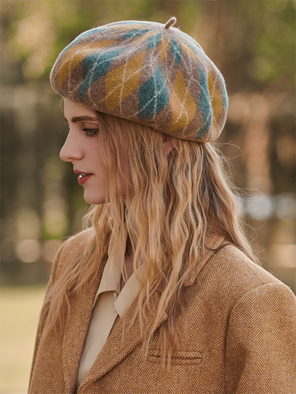 Béret vintage en laine, couleur contrastée