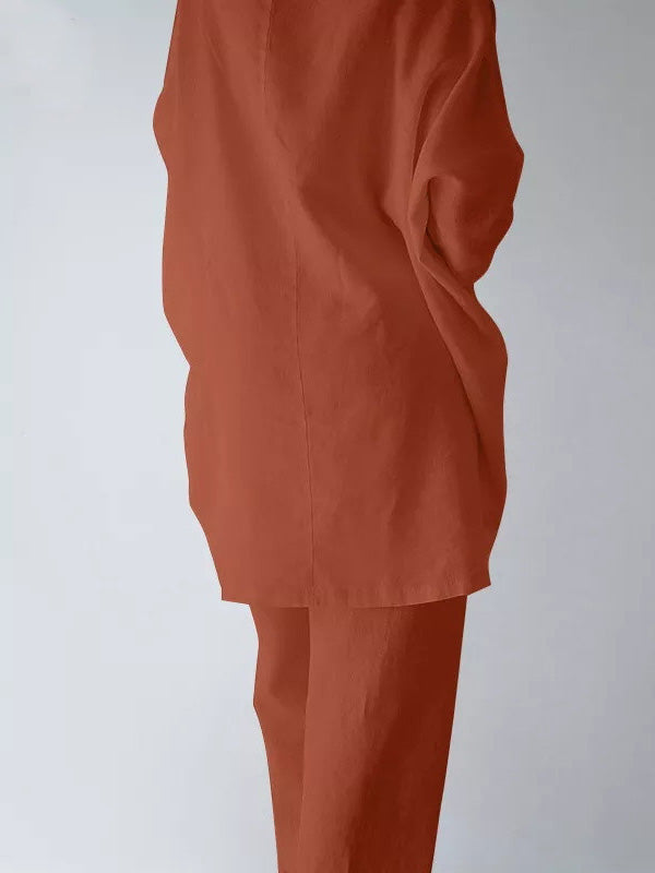 Ensemble deux pièces décontracté ample à manches longues, couleur unie – t-shirt + pantalon