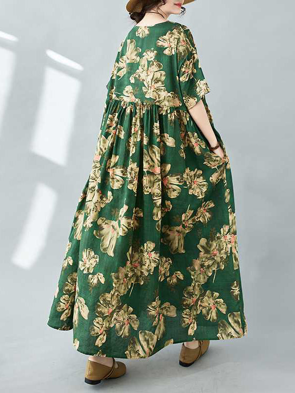 Robe mi-longue ample plissée à manches mi-longues, à imprimé floral, à poches, à col rond