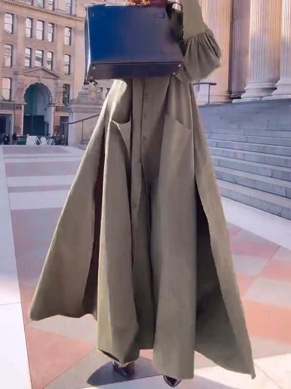 Robe chemise ample fendue sur le côté à manches longues, à empiècements, à col revers, couleur unie