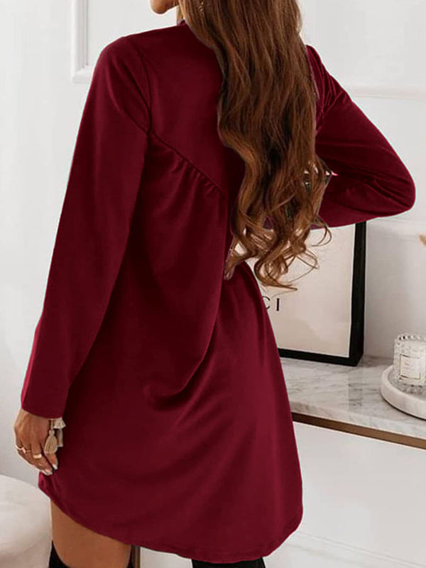 Robe courte décontractée ample à manches longues, à col rond, couleur unie