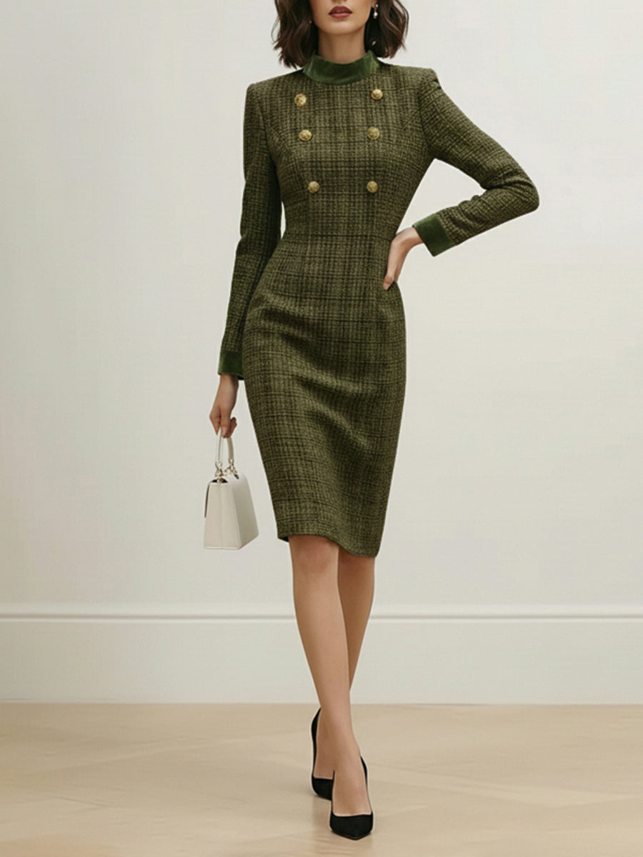 Robe mi-longue boutonnée taille haute, à manches longues, à empiècements, à fermeture éclair, à col cheminée, couleur unie