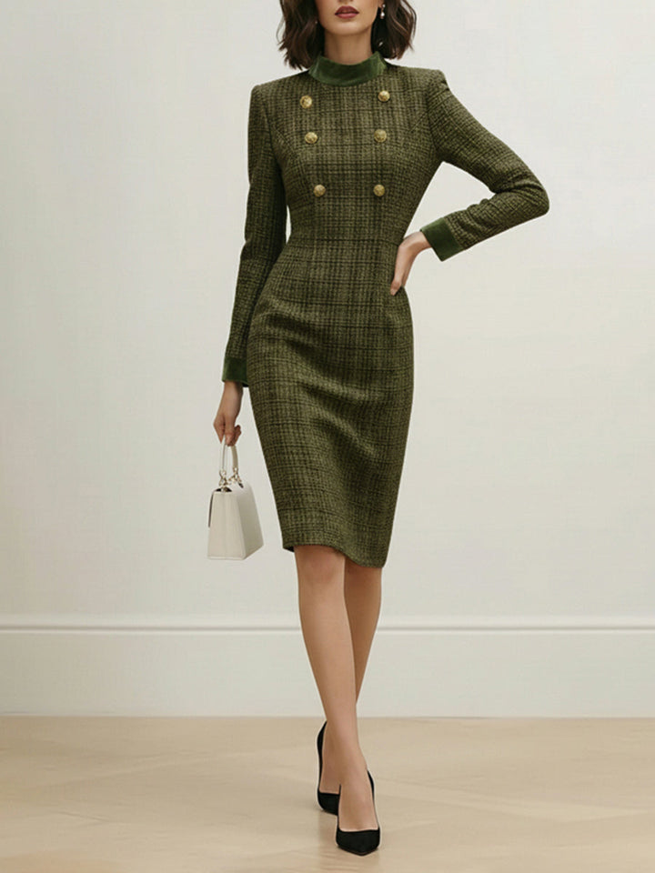 Robe mi-longue boutonnée taille haute, à manches longues, à empiècements, à fermeture éclair, à col cheminée, couleur unie