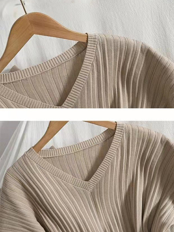 Ensemble deux pièces ample en tricot, à manches raglan, à col en V, couleur unie – pull + haut + pantalon