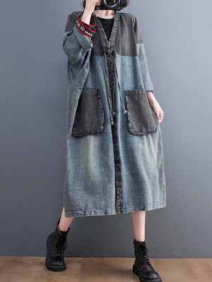 Artistique Rétro Denim Manches Longues Lâche Attaché à empiècements Trench Manteaux