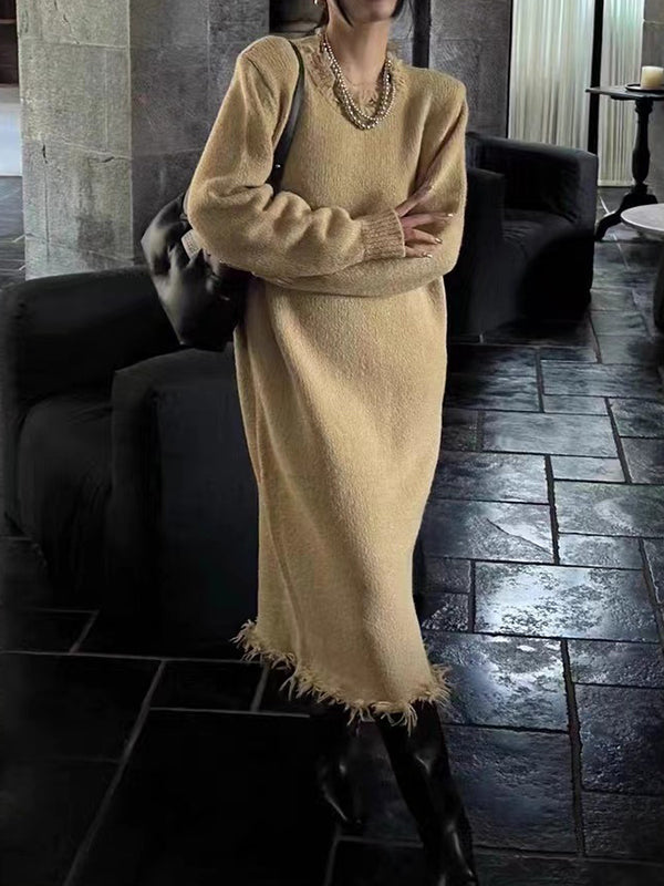 Robe pull taille haute, à manches longues, à franges, à col rond, couleur unie