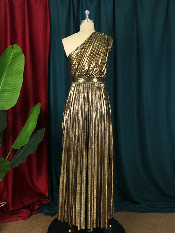 Robe longue ample asymétrique plissée brillante taille haute, asymétrique à une épaule, couleur unie