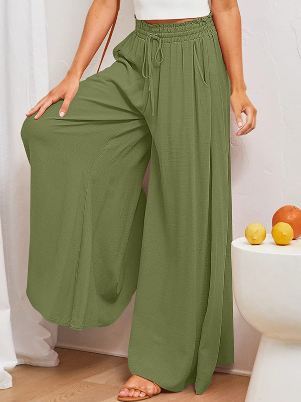 Pantalon ample plissé taille haute, à cordon de serrage, à taille élastique, à poches, couleur unie