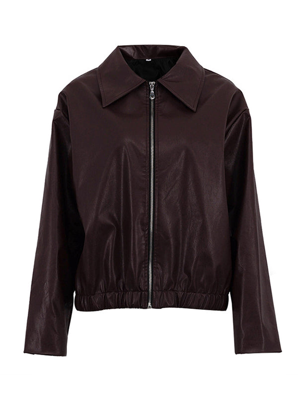 Veste ample à manches longues, à taille élastique, à fermeture éclair, à col revers, couleur unie