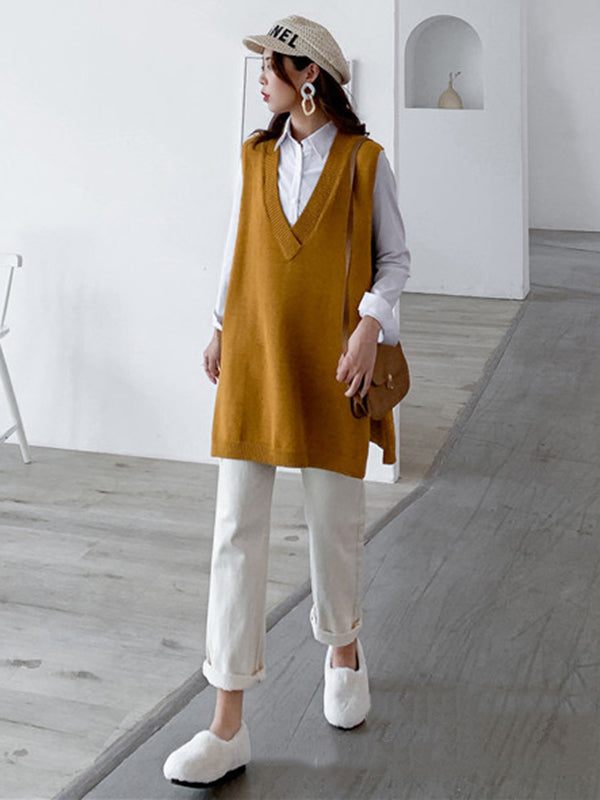 Gilet tricoté sans manches à la mode, fendu sur le côté, couleur unie, col en V