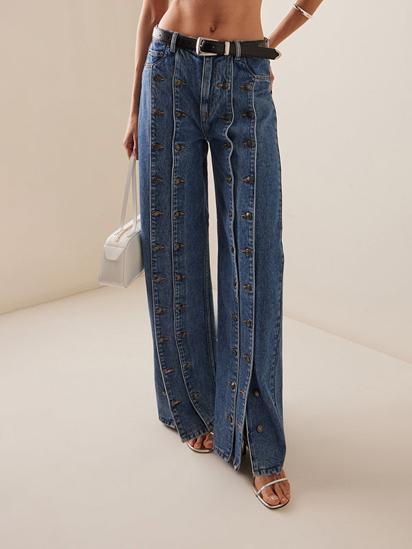 Jean boutonné taille haute, sans ceinture, à empiècements