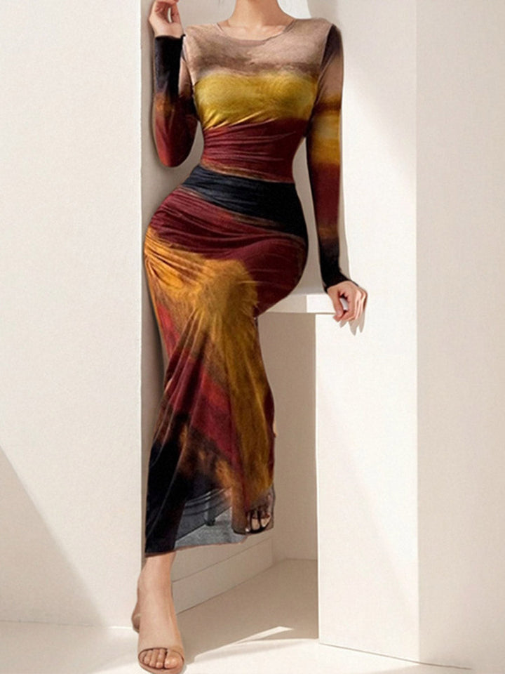 Robe longue moulante plissée imprimée taille haute, à empiècements, à col rond, couleur contrastée