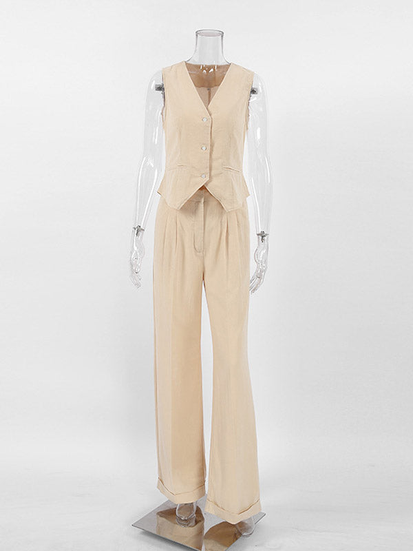 Ensemble deux pièces ample plissé taille haute, à empiècements, à col en V, couleur unie