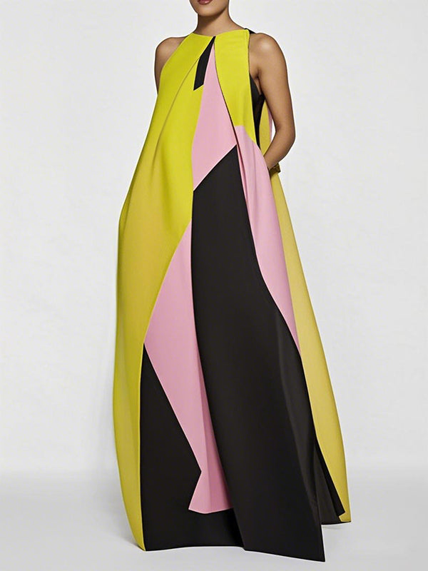 Trapèze Ample Color-Block Plissé Jointure Fendue Col Rond Robes longues