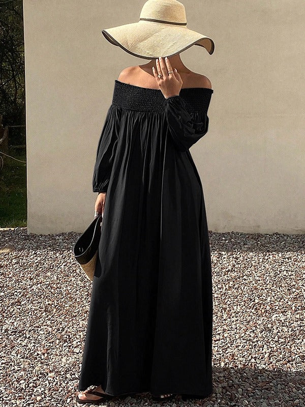 Robe longue ample plissée à manches bouffantes, à taille élastique, à épaules dénudées, couleur unie