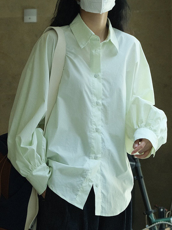 Chemisier décontracté ample à manches bouffantes, à col revers, couleur unie