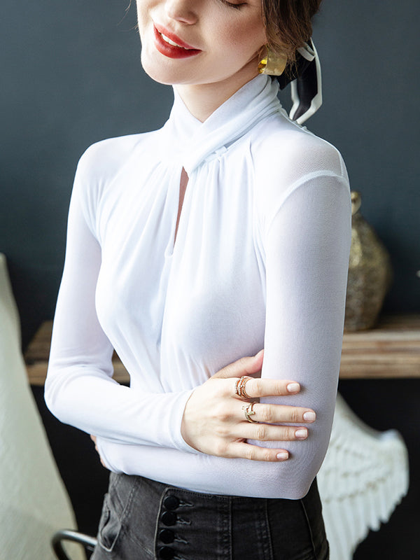 Blouses à manches longues grandes tailles en maille ajourée plissée transparente, couleur unie, col roulé torsadé