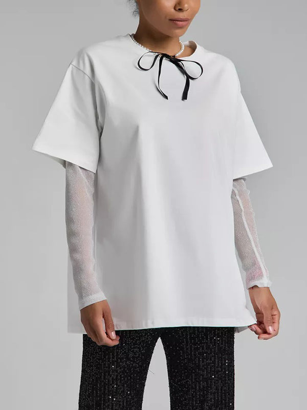 T-shirt ample transparent effet deux pièces, à empiècements, anti-UV, à col rond