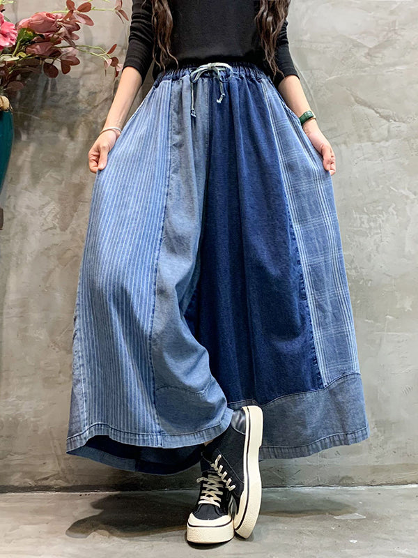 Bas de pantalon en Jean à carreaux, ample, élastique, avec cordon de serrage, à empiècements, neuvième pantalon