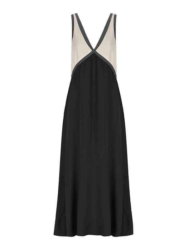 Robe longue ample sans manches, à empiècements, à décolleté en V profond, couleur contrastée