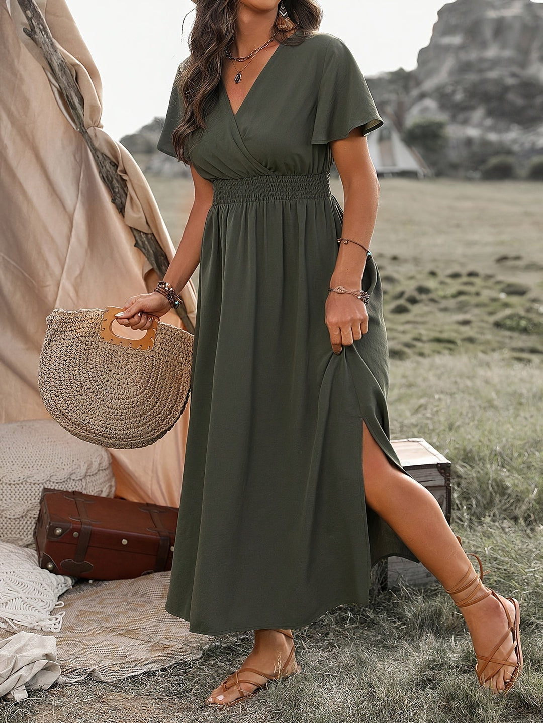 Margo - Robe maxi avec manches courtes évasées et fente latérale
