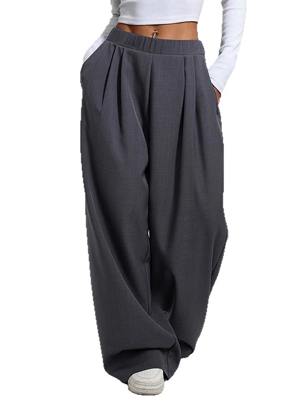 Pantalon ample plissé taille haute, à poches, couleur unie