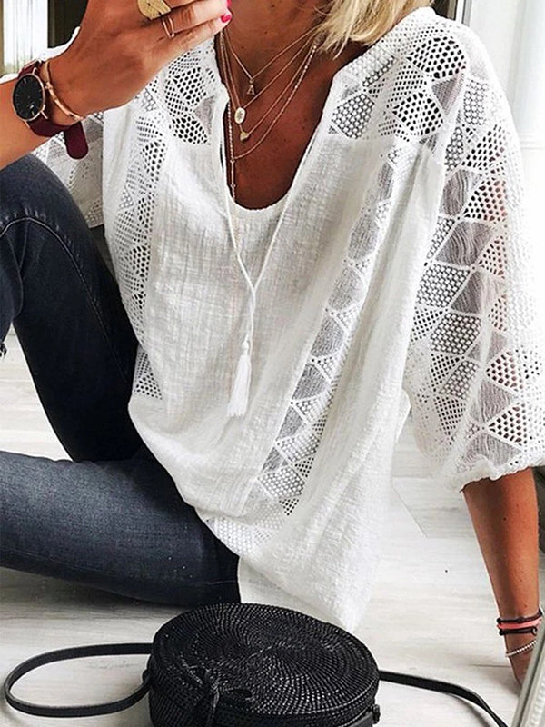 T-shirt simple décontracté ajouré en dentelle, à empiècements, à col en U
