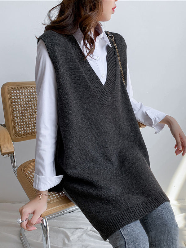 Gilet tricoté sans manches à la mode, fendu sur le côté, couleur unie, col en V