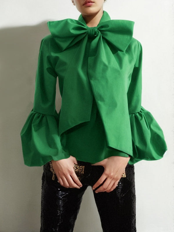 Chemisier ample à manches bouffantes, à nœud, à empiècements, à col montant, couleur unie