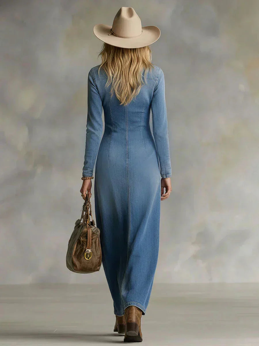 Sophie | Robe en jean longue pour femmes avec décolleté en V