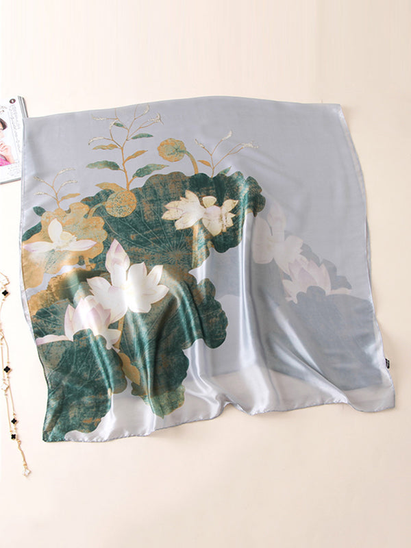 Châle vintage en imitation soie imprimée de fleurs