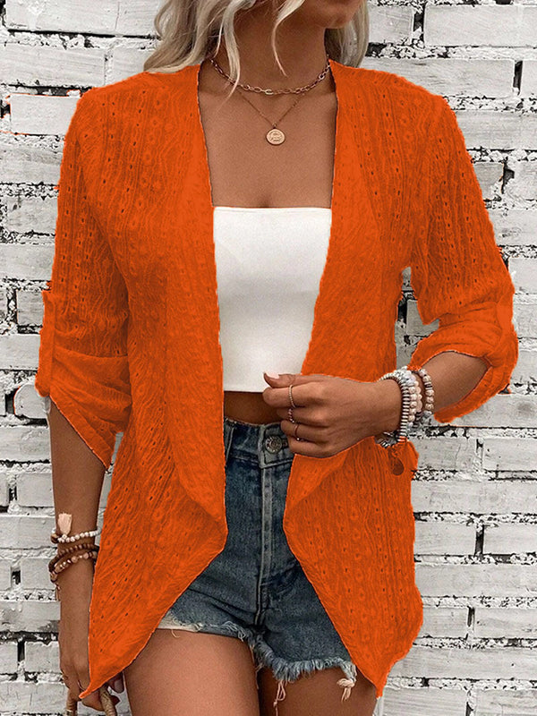Veste ample boutonnée ajourée à manches longues, en jacquard, sans col, couleur unie