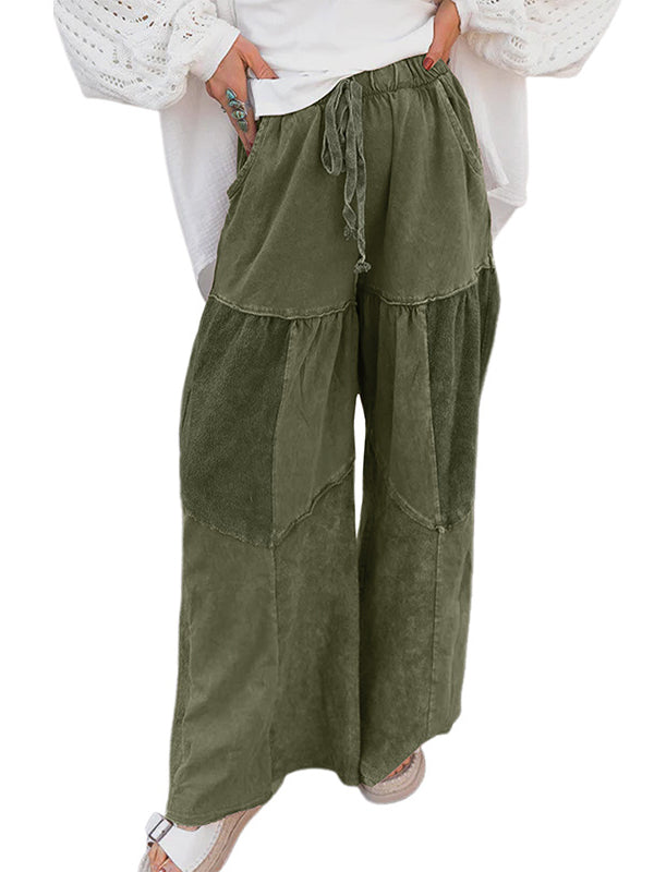 Pantalon ample plissé taille haute, à cordon de serrage, à poches, à empiècements, couleur unie