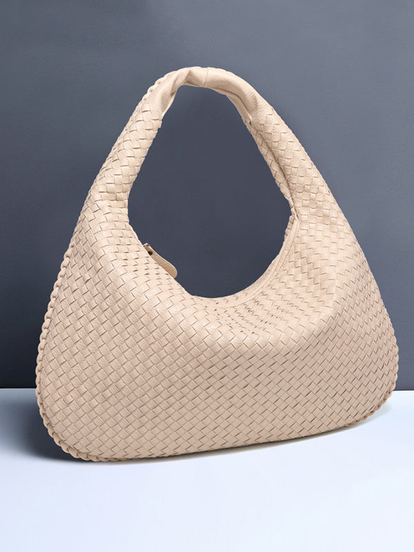 Sac à main géométrique tressé à empiècements, à fermeture éclair, couleur unie