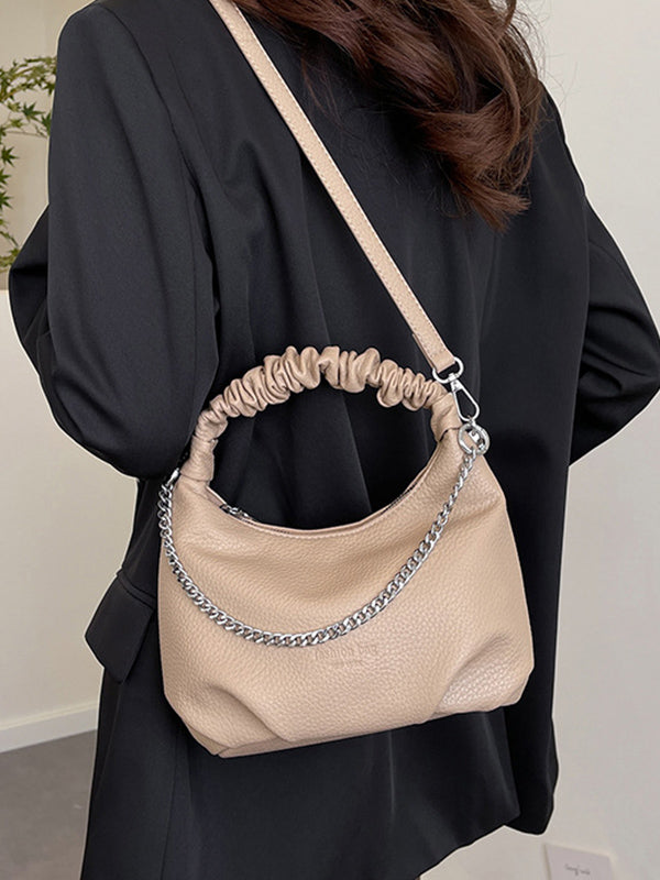 Sac à main plissé à chaîne, à fermeture éclair, couleur unie