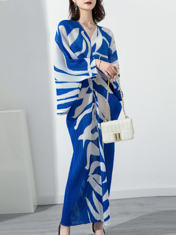 Robe mi-longue imprimée plissée à manches chauve-souris, à manches longues, à col en V, couleur contrastée