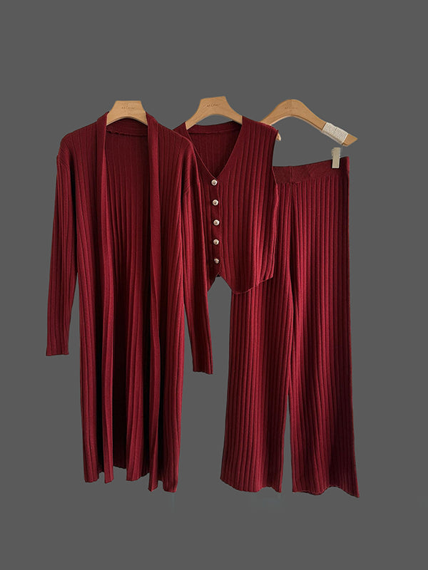 Ensemble trois pièces en tricot sans manches à col en v + cardigan à manches longues + pantalon taille haute