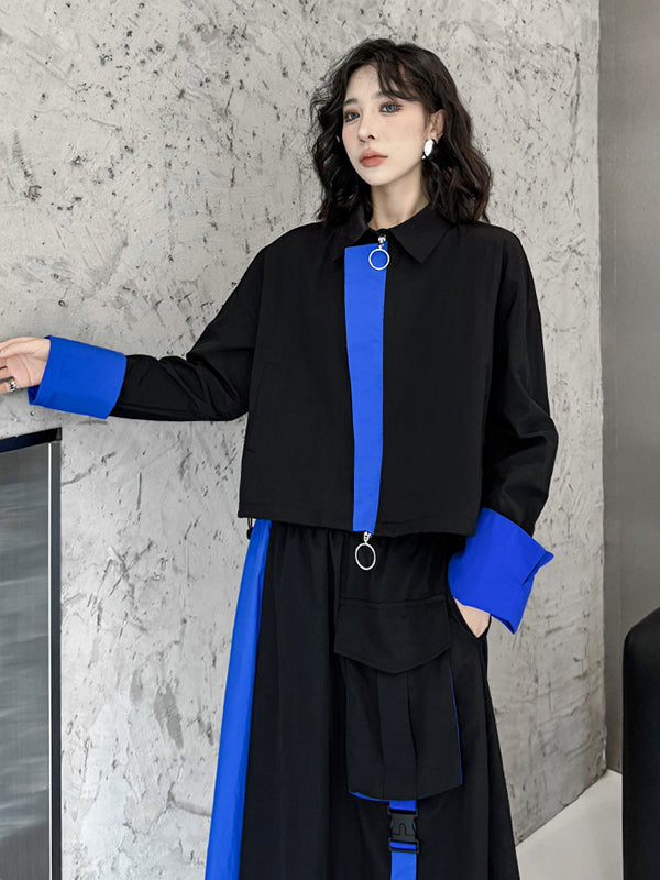 Ensemble deux pièces asymétrique à empiècements, à col revers, coupe trapèze, à taille élastique, à poches, à rubans, couleur contrastée – chemisier + jupe