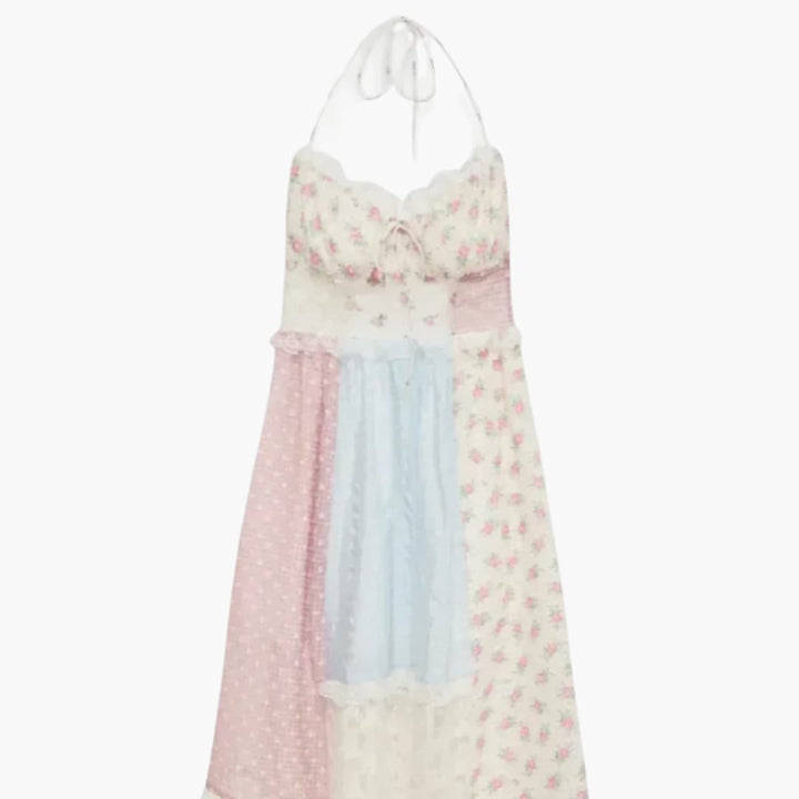 Robe Maxikleid Patchwork - Robe d'été pour femmes avec bretelles spaghetti