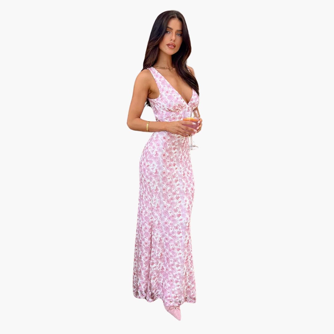 Robe maxi en dentelle - Style féminin avec décolleté en V et élégance