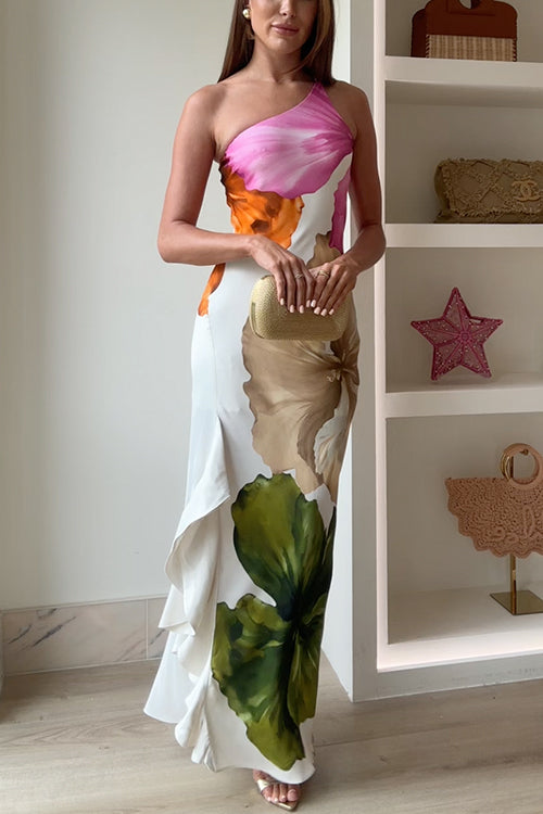 Ivy - Robe maxi sans épaule avec motif floral, drapés et fente
