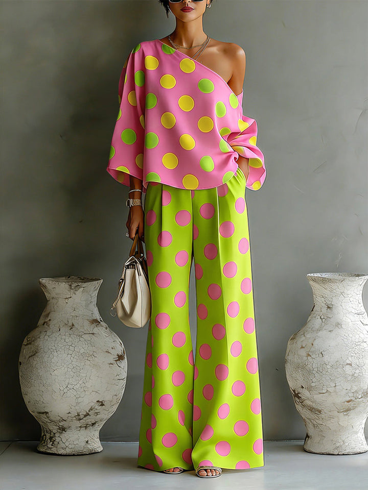 Chemise ample à manches longues, à pois, asymétrique à une épaule