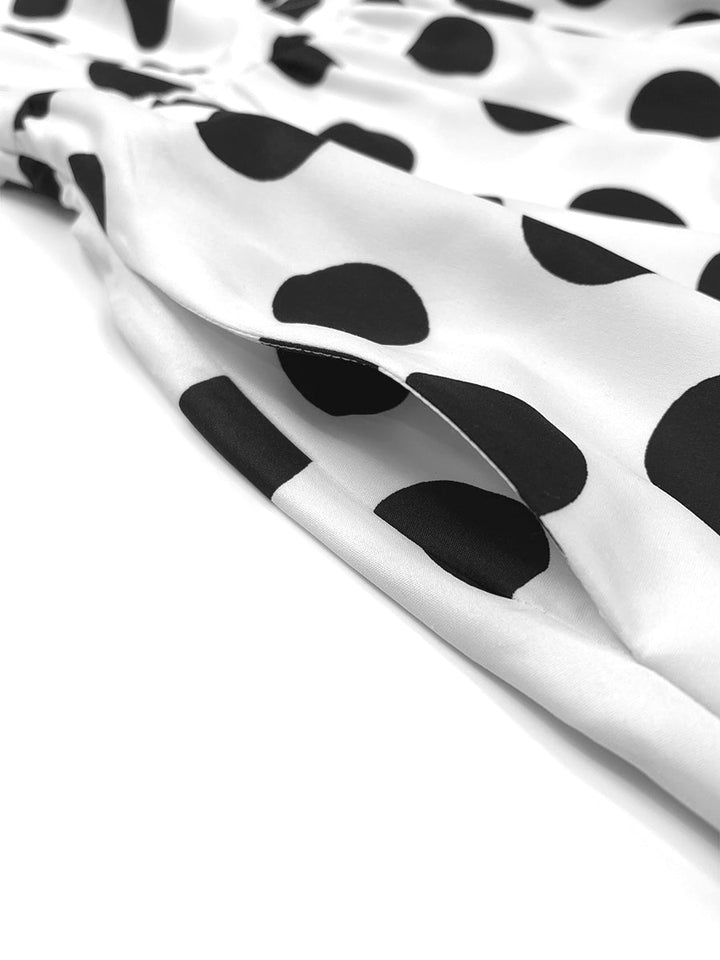 Robe chemise boutonnée coupe trapèze, à manches mi-longues, à taille élastique, à pois, à col revers, couleur contrastée