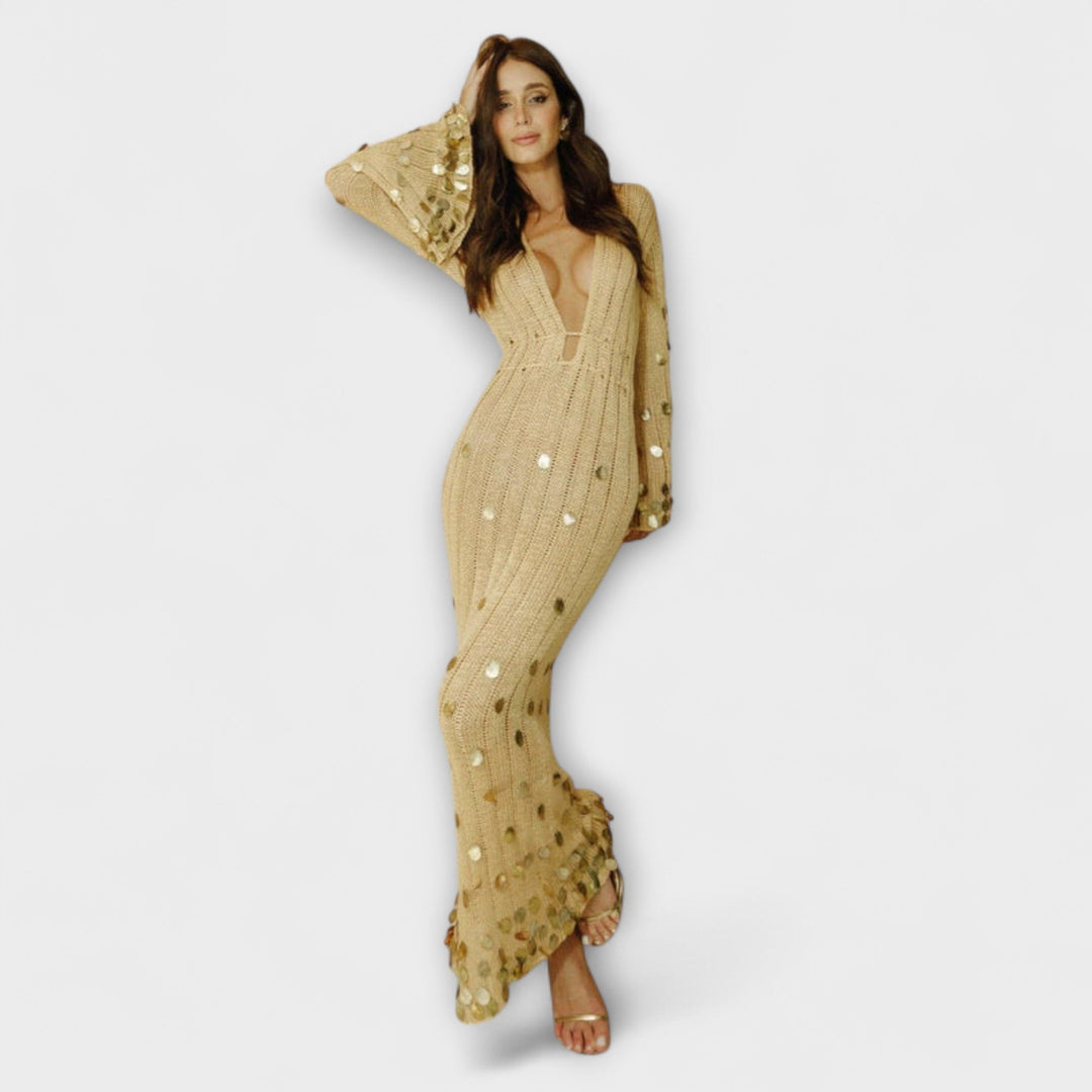 Kathleen - Robe maxi en tricot doré de Dolly
