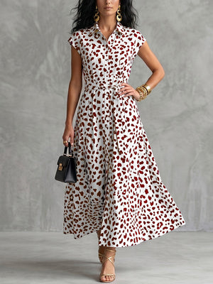 Robe chemise boutonnée imprimée coupe trapèze, à mancherons, à imprimé léopard, à taille nouée