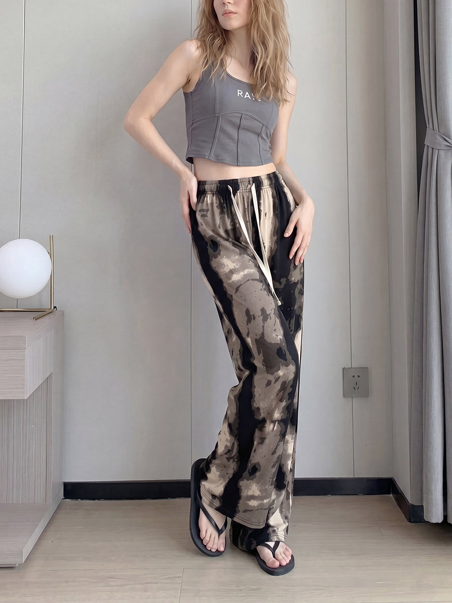 Pantalon imprimé taille haute, à jambes larges, à cordon de serrage, à taille élastique