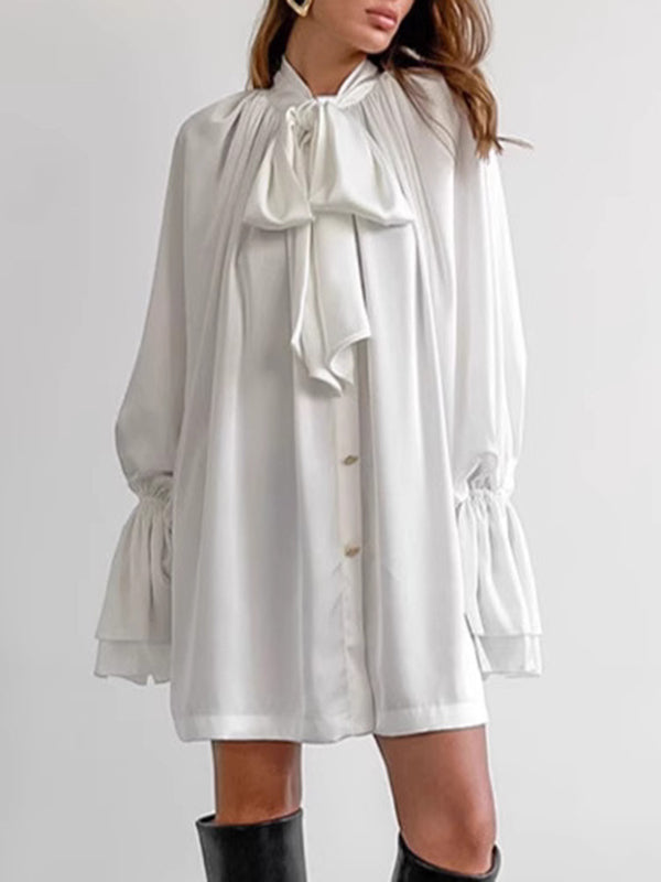 Robe courte boutonnée plissée nouée coupe trapèze, à manches évasées, à taille élastique, à fermeture éclair, à col montant, couleur unie